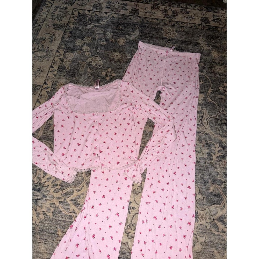 Skims Pink Floral Lace Soft Lounge Pj Pajama Set